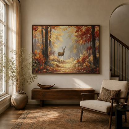 Autumn deer forest framed canvas wall art displayed above entryway console in warm neutral living space