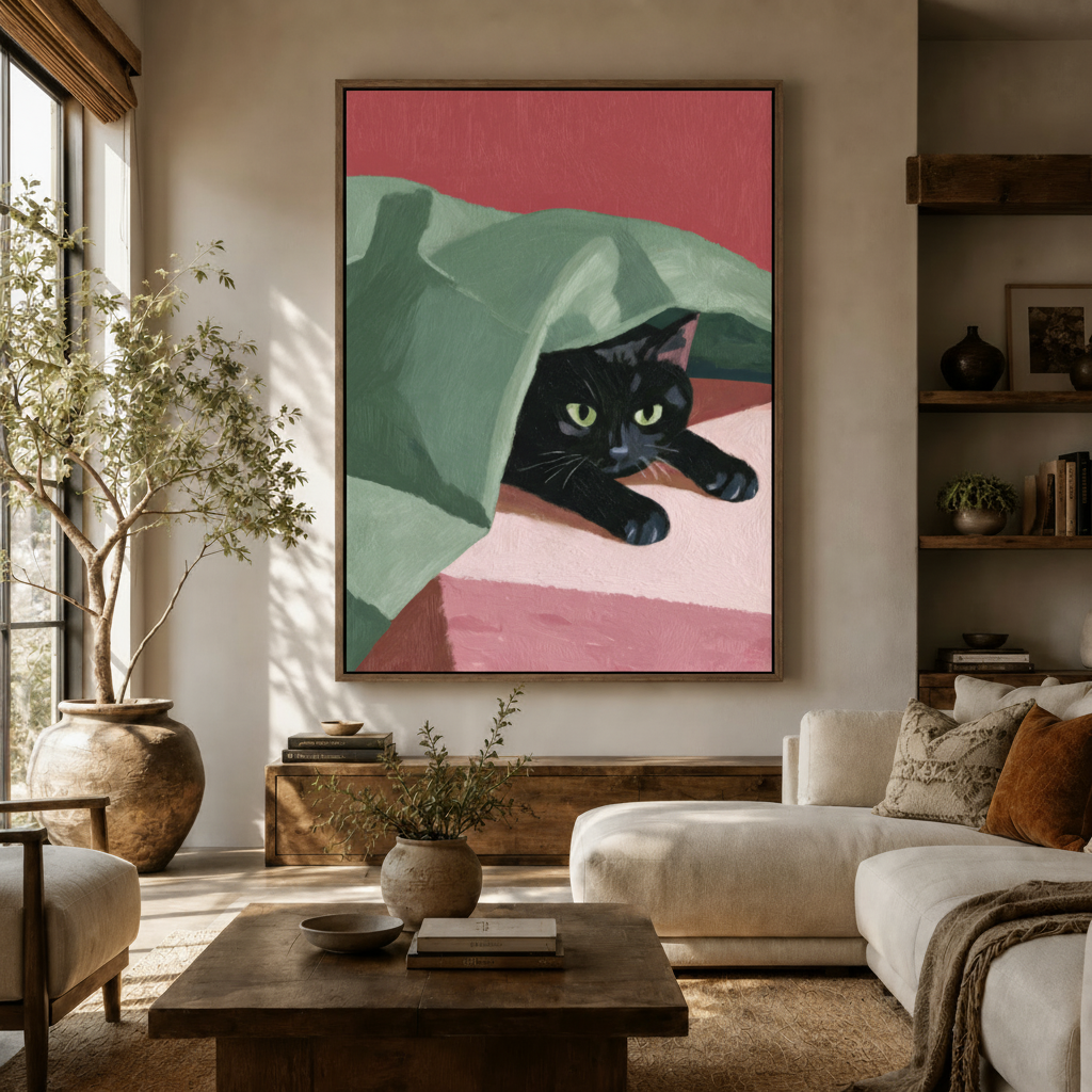 Black cat canvas wall art in float frame displayed in warm living room with olive tree and white linen sofa
