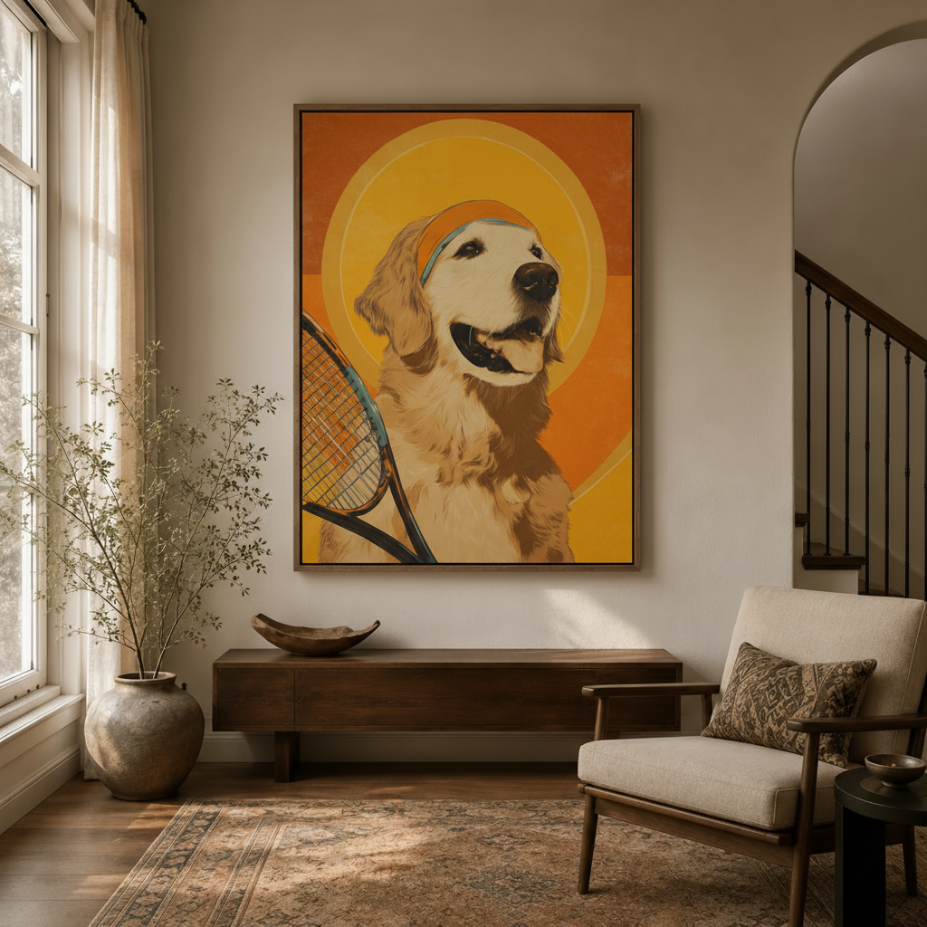 Retro golden retriever tennis dog canvas wall art displayed in warm entryway with wooden console