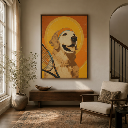 Retro golden retriever tennis dog canvas wall art displayed in warm entryway with wooden console