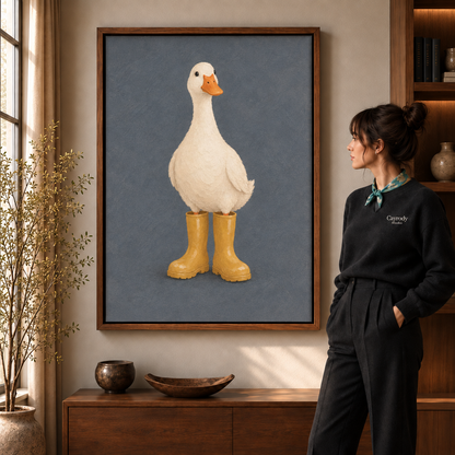 Duck in yellow rain boots canvas print hanging above a wood sideboard in a neutral living room