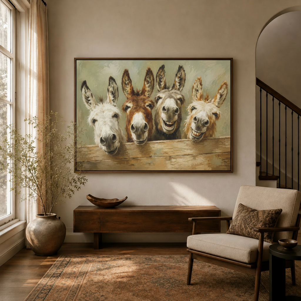Funny donkey canvas wall art in dark walnut float frame displayed in a warm transitional entryway