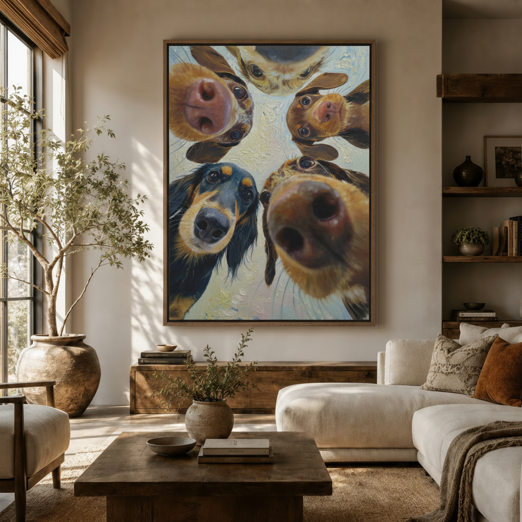 Funny dogs looking down oil painting canvas art displayed in a warm living room above a white sofa