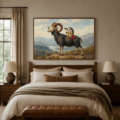 Hedgehog and ram canvas wall art above a bed in an elegant neutral bedroom