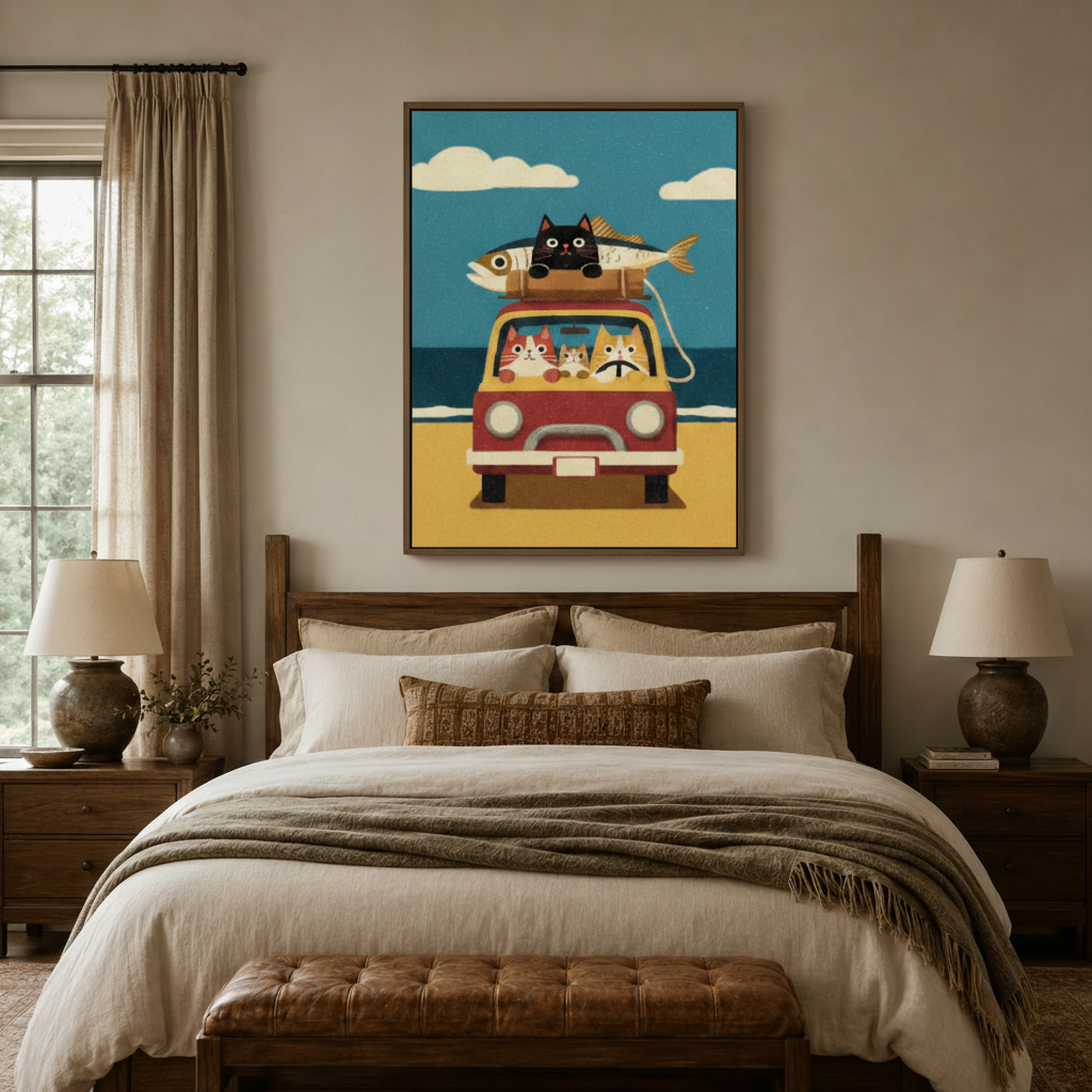 Whimsical cats road trip canvas wall art above wooden bed in cozy farmhouse bedroom