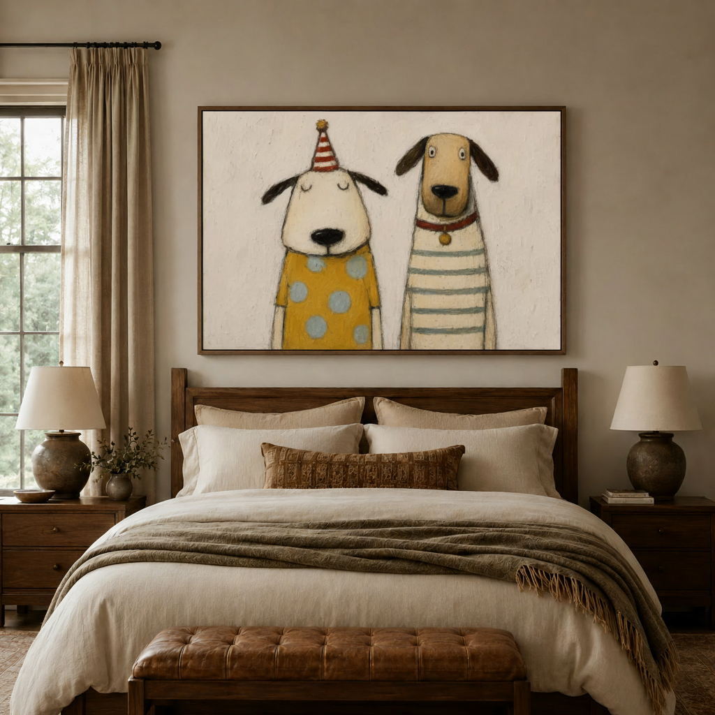 Whimsical dog canvas wall art hanging above a wooden bed with neutral linen bedding in a cozy bedroom