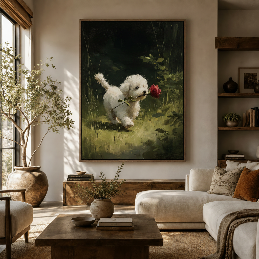 Bichon Frise puppy running with red rose classical canvas wall art in warm modern living room