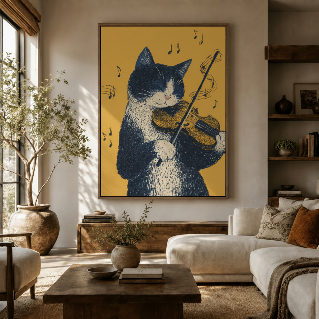Cat playing violin illustration canvas print displayed in warm modern living room