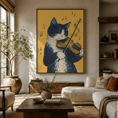 Cat playing violin illustration canvas print displayed in warm modern living room