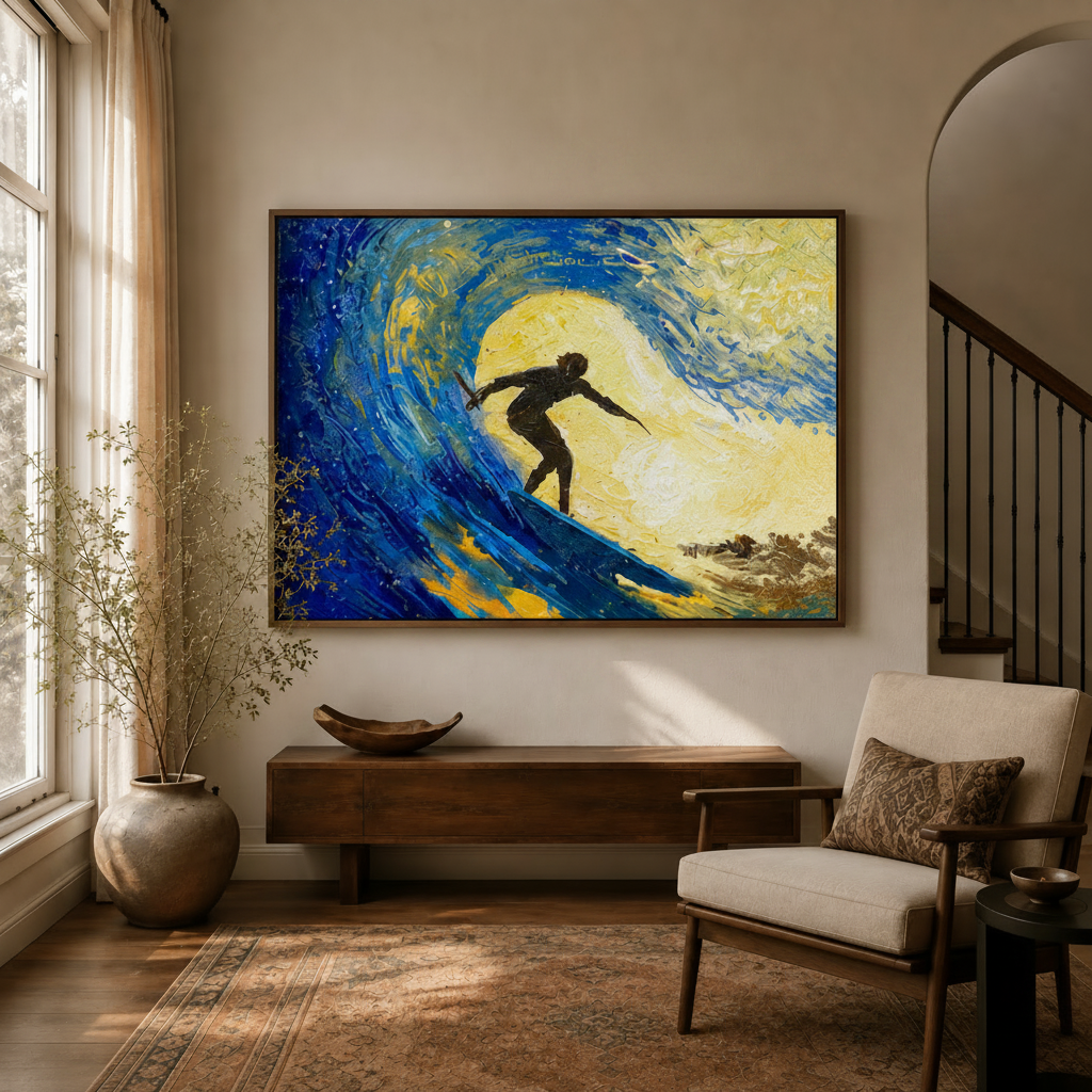 Van Gogh style surfer canvas wall art hanging above console table in warm neutral living room