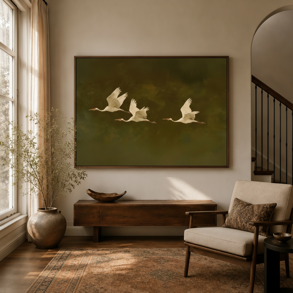 Flying cranes bird canvas wall art in dark walnut float frame above console in bright modern entryway