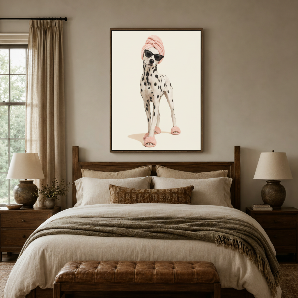Glam Dalmatian dog canvas wall art with pink turban displayed above bed in cozy bedroom