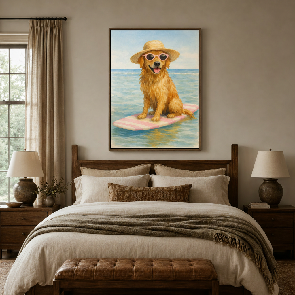 Happy golden retriever in straw hat and sunglasses surfboard canvas wall art above cozy bedroom bed