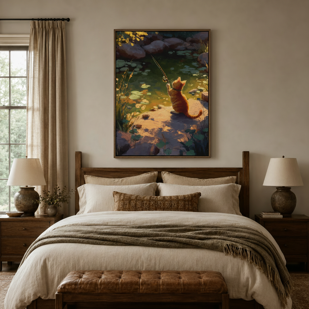 Dreamy orange cat fishing canvas wall art displayed above cozy bedroom headboard