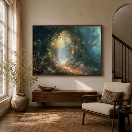 Enchanted forest portal canvas wall art displayed above wooden sideboard in neutral living room