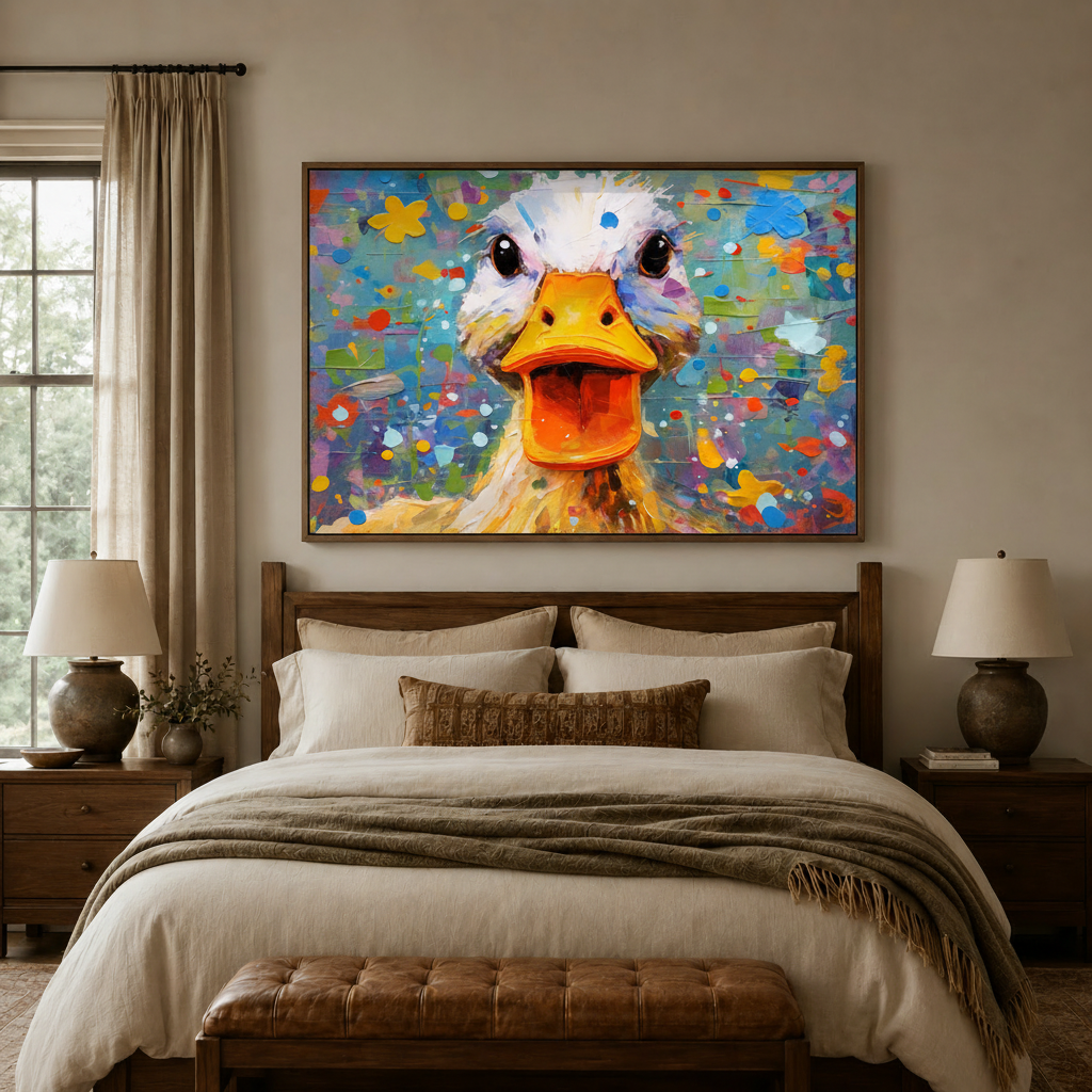 Crazy duck close-up impasto canvas wall art displayed large above warm dark walnut bedroom headboard