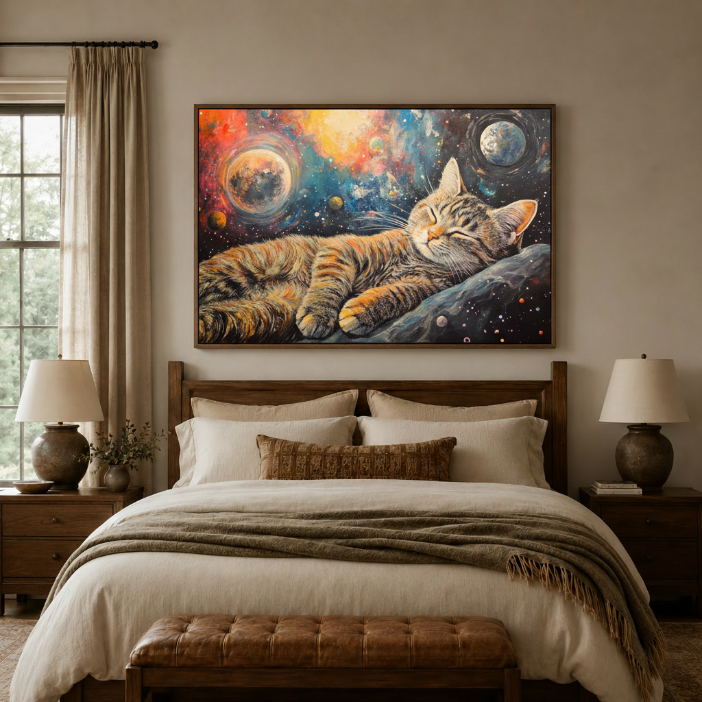 Cat galaxy space impasto canvas wall art displayed above warm neutral bedroom headboard dark walnut frame