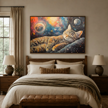 Cat galaxy space impasto canvas wall art displayed above warm neutral bedroom headboard dark walnut frame