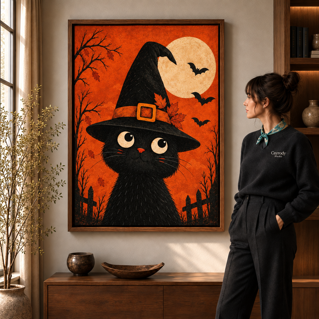 Black cat witch Halloween canvas wall art displayed in a dark wood frame in a warm interior setting.