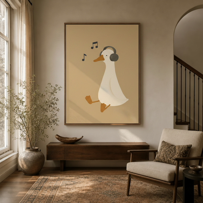 Cute duck with headphones illustration wall art in warm brown float frame hung in a bright neutral entryway