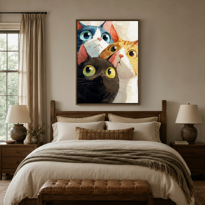 Funny cat group portrait canvas wall art hanging above a bed in a cozy farmhouse bedroom