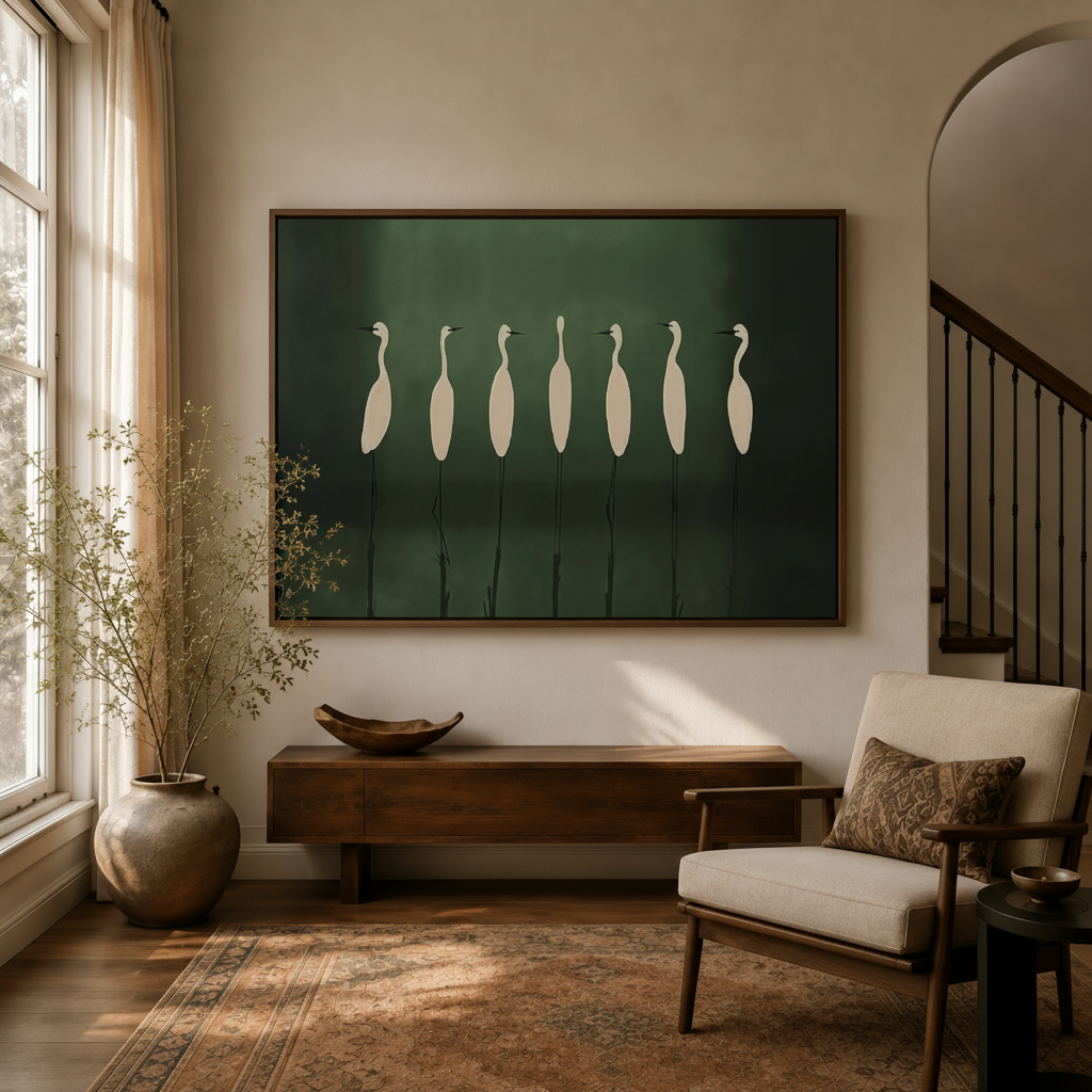 Seven egrets minimalist canvas wall art in dark walnut floater frame, entryway living room scene