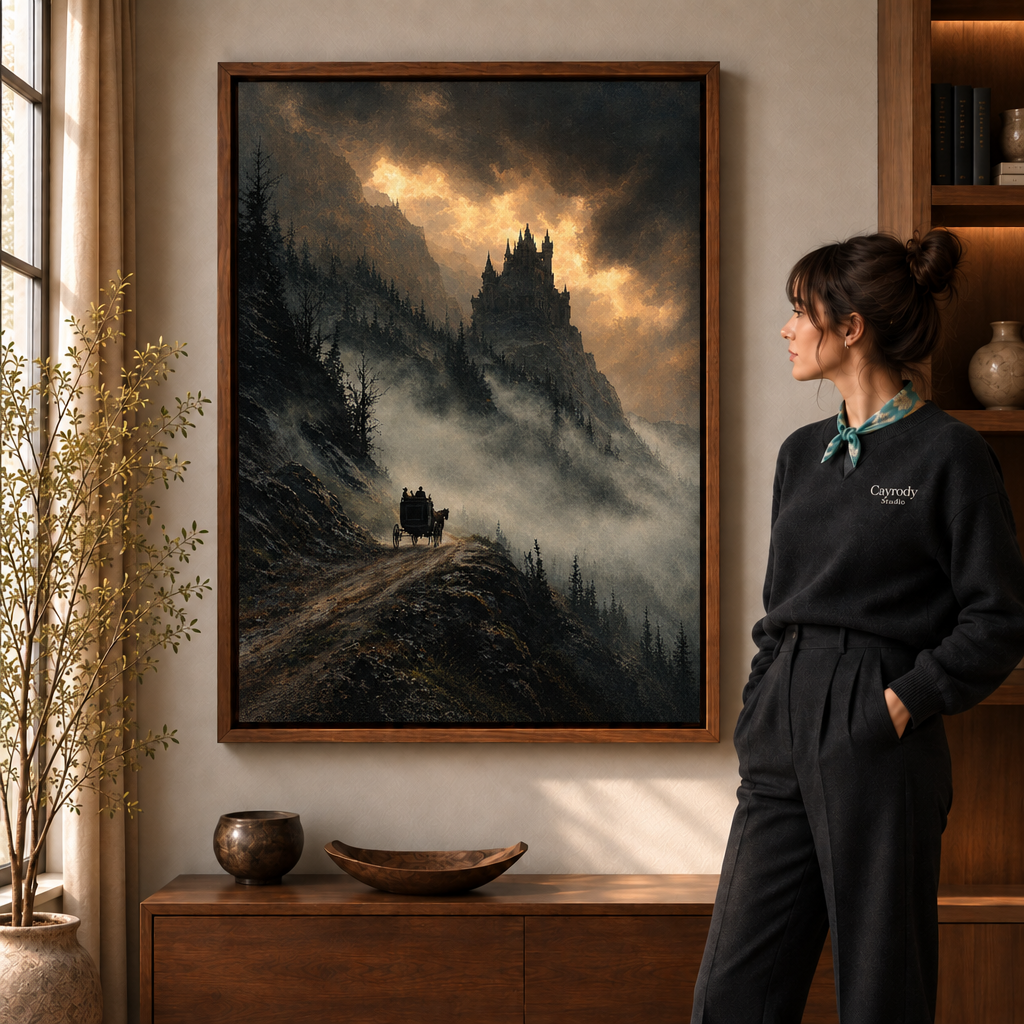 Gothic castle canvas wall art above a wooden cabinet beside a woman in a dark outfit.