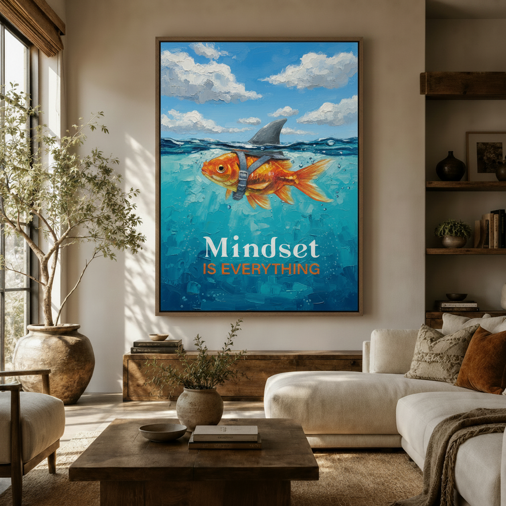 Goldfish shark fin mindset oil painting canvas in warm living room above console table