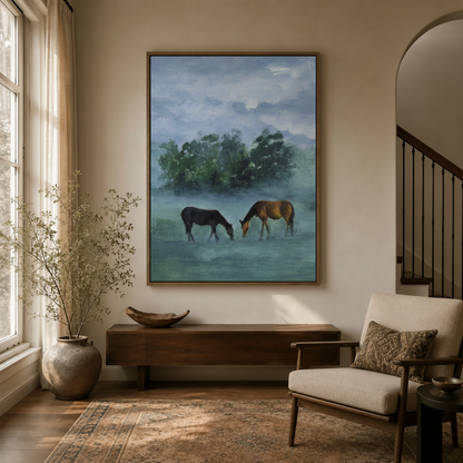 Two horses misty meadow canvas art in walnut frame above console in warm neutral entryway with arched staircase