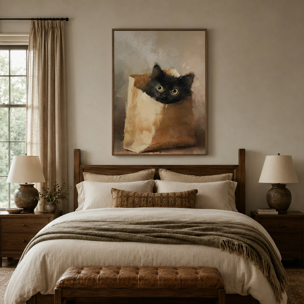 Realistic black kitten peeking from paper bag canvas wall art in walnut float frame above cozy bedroom bed