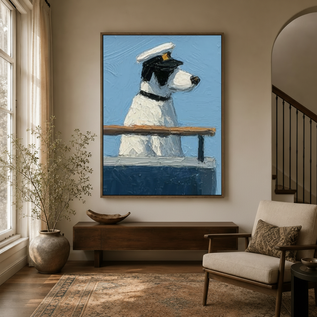 Captain dog canvas wall art in walnut frame displayed in warm neutral entryway beside arched doorway