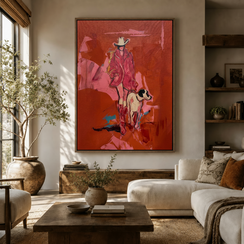 Western cowgirl oil painting canvas in warm living room with olive tree and wooden shelving