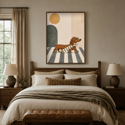 Stylish dachshund sunglasses crosswalk mid-century canvas in dark walnut frame above cozy neutral bedroom