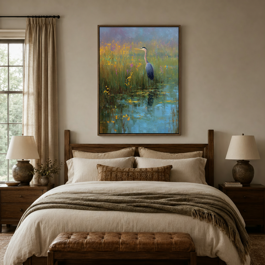 Blue heron wetland impressionist canvas wall art displayed above bed in warm neutral bedroom