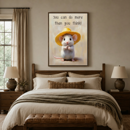 Cute white mouse yellow straw hat thumbs-up motivational quote canvas in walnut float frame above cozy bedroom