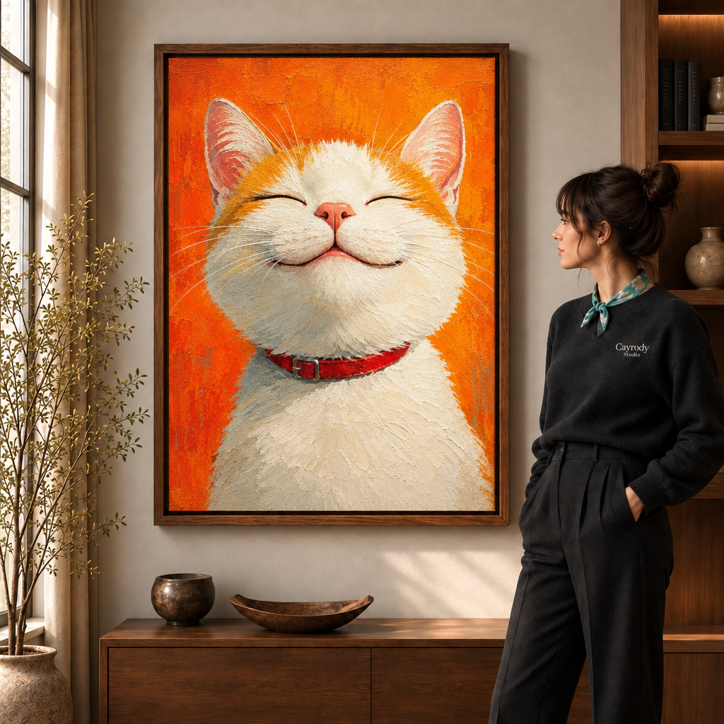 Close-up orange cat wall art with a red collar displayed in a warm room with a sunlit window and leafy branches.