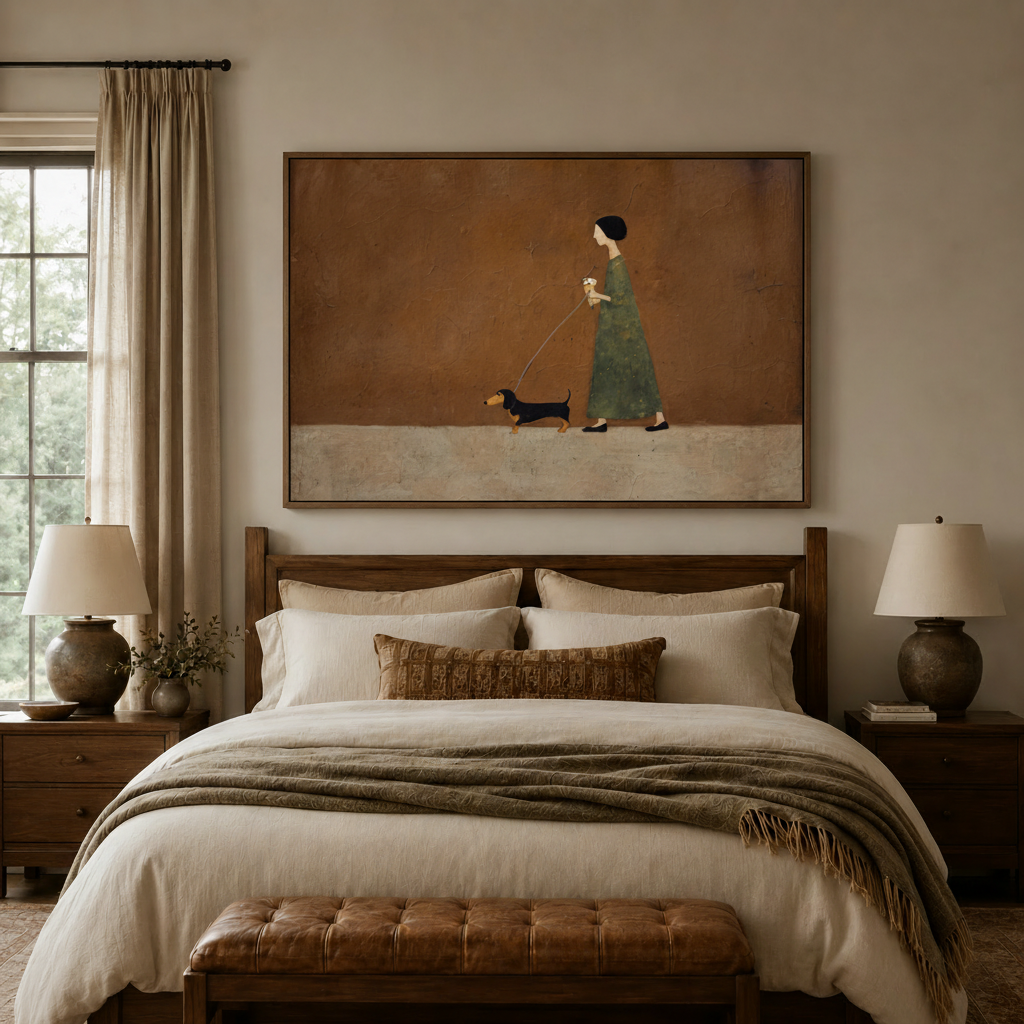 Woman walking dachshund folk art canvas wall art displayed above cozy bedroom headboard
