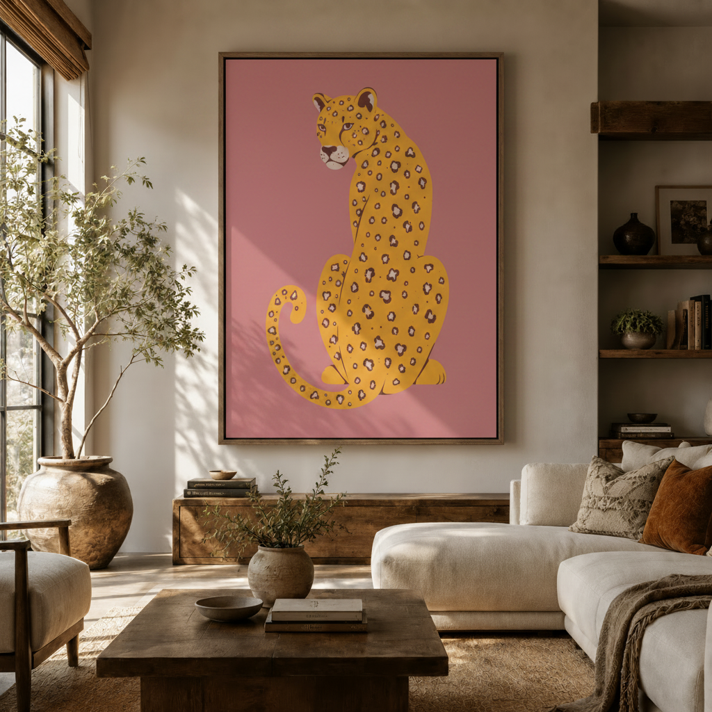 Leopard canvas wall art above wooden sideboard in modern living room with olive tree and white sofa
