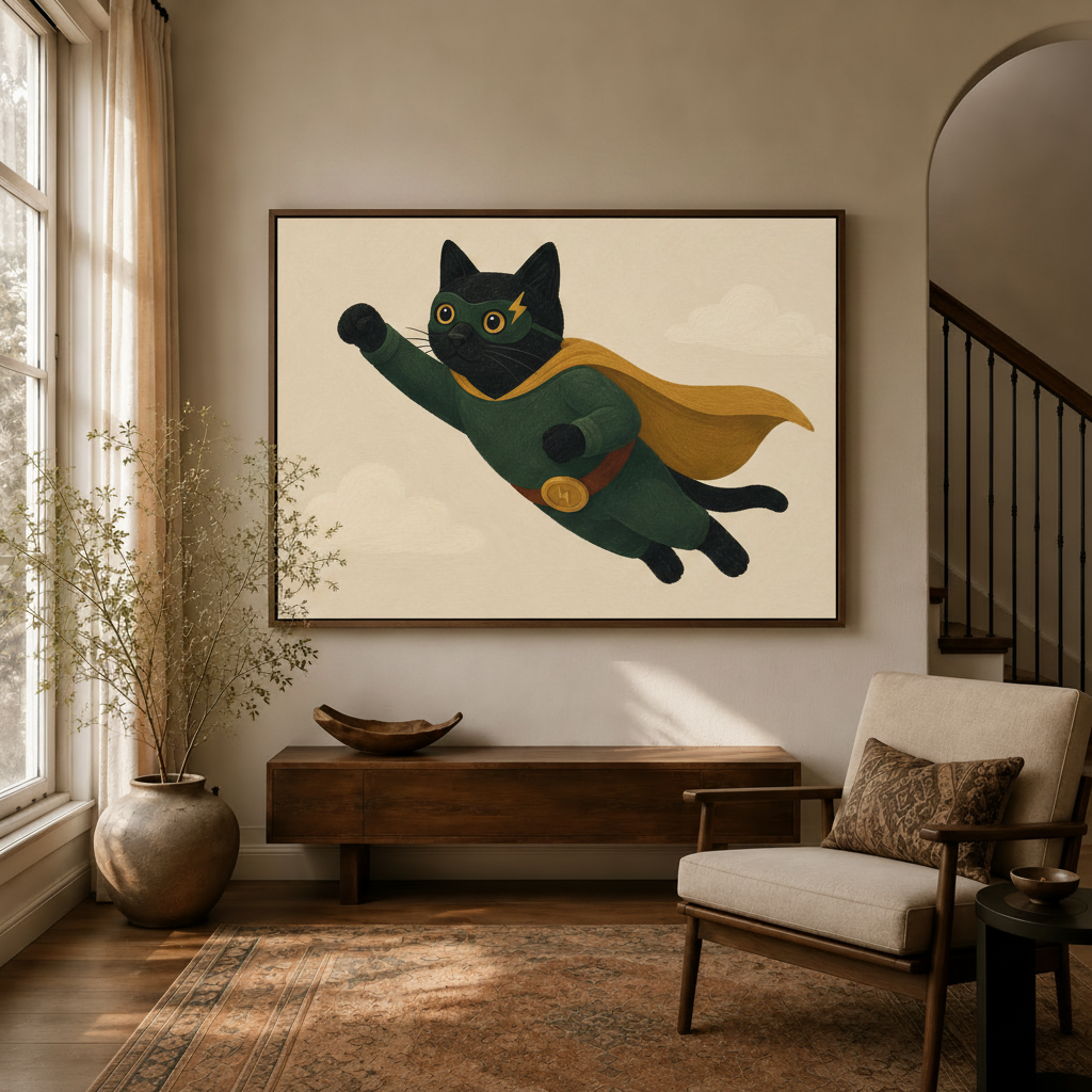 Superhero cat canvas wall art displayed in a warm entryway above a dark walnut console with dried branches