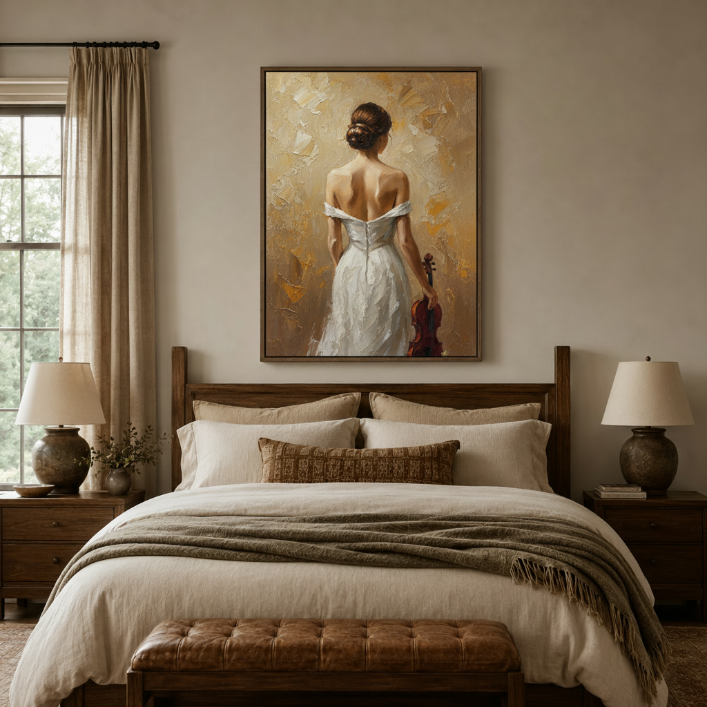 Violin woman figurative canvas in dark walnut float frame above linen headboard in warm neutral bedroom