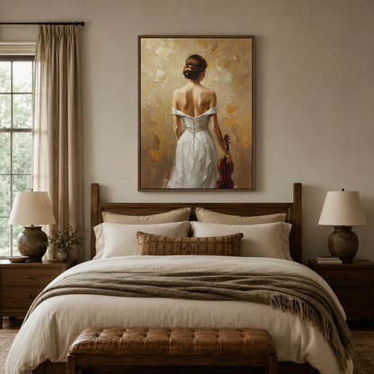 Violin woman figurative canvas in dark walnut float frame above linen headboard in warm neutral bedroom