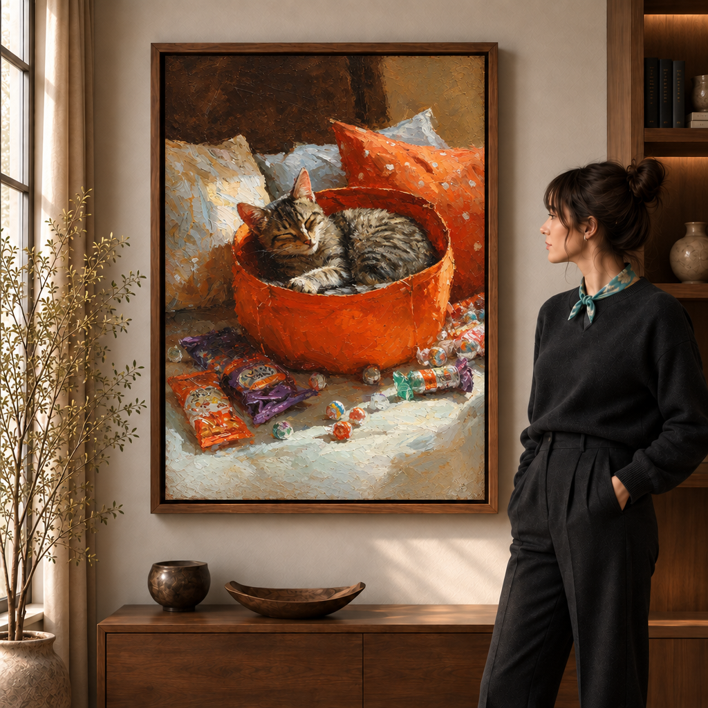 Framed sleeping cat Halloween canvas displayed above a walnut console beside a woman.