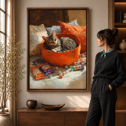 Framed sleeping cat Halloween canvas displayed above a walnut console beside a woman.