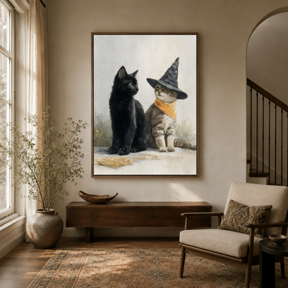 Witch cat watercolor canvas wall art in dark walnut frame displayed in warm neutral entryway