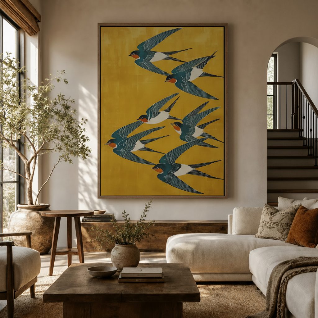 Barn swallow canvas wall art displayed in a bright living room with warm neutral tones and natural wood furniture