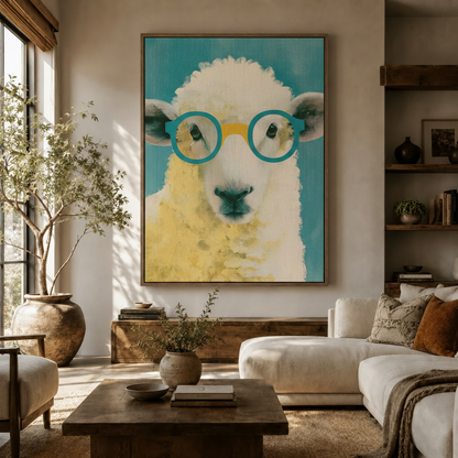 Whimsical sheep canvas print with teal glasses hanging in a bright modern living room