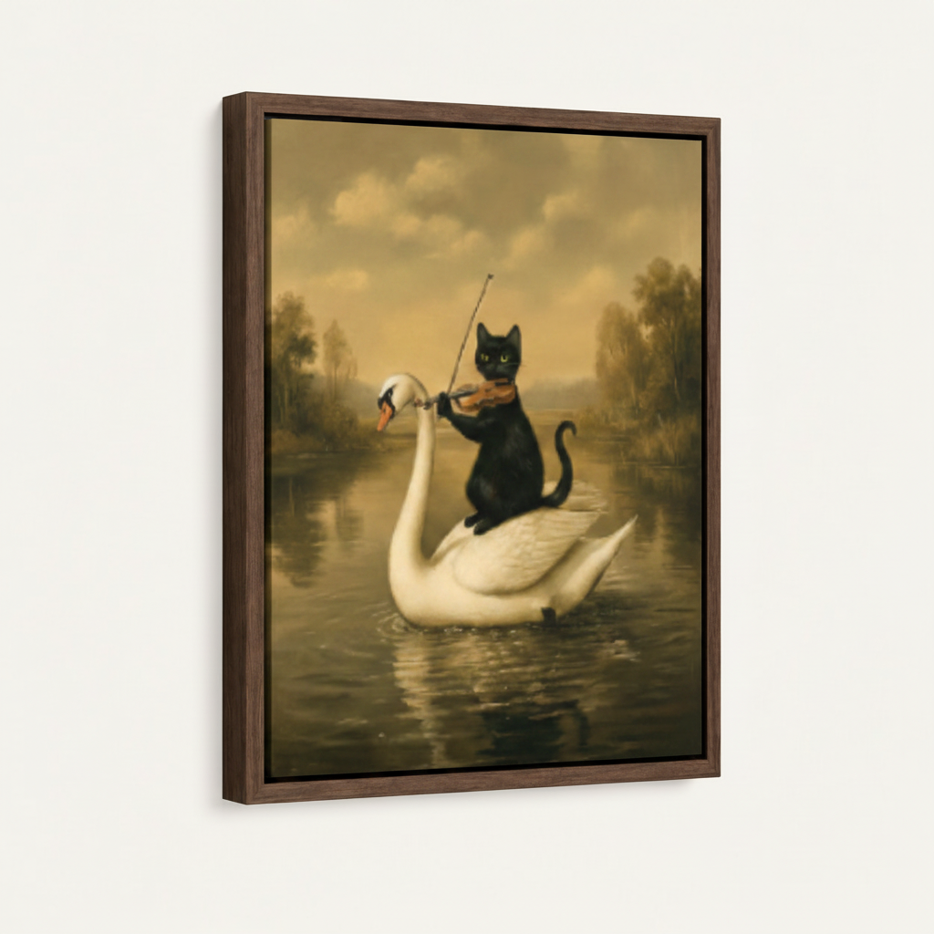 Framed canvas wall art featuring black cat and swan in classical oil painting style