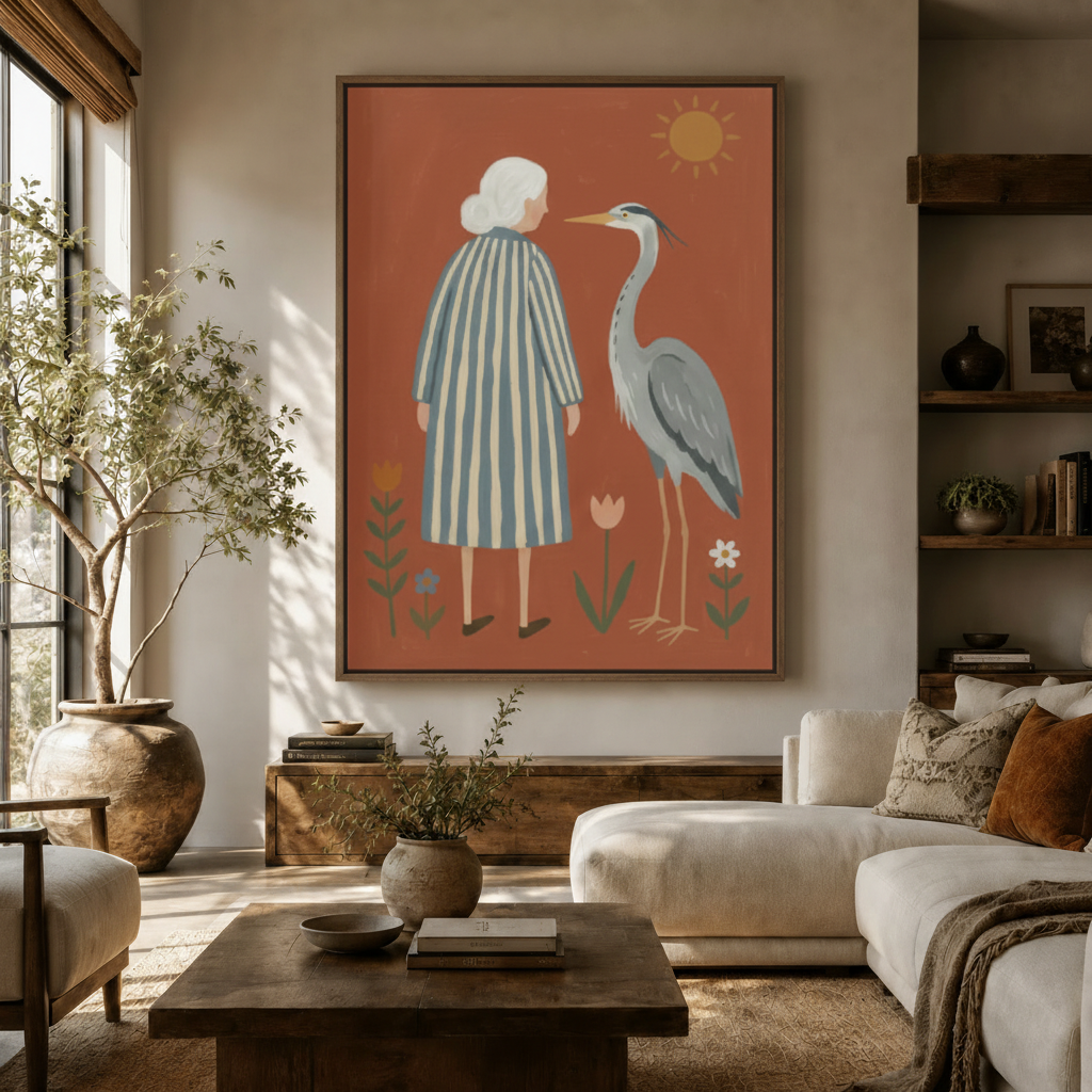 Scandinavian folk art woman and heron canvas print in walnut float frame above living room sideboard
