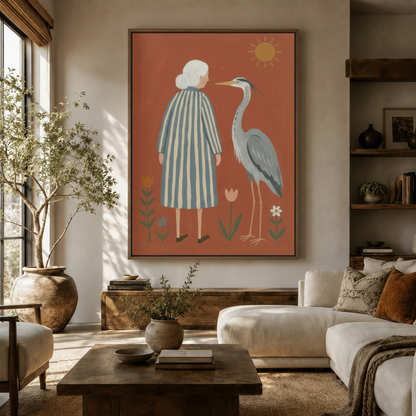 Scandinavian folk art woman and heron canvas print in walnut float frame above living room sideboard