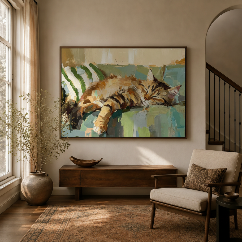 Sleeping tabby cat impasto oil painting in dark walnut frame displayed in modern entryway